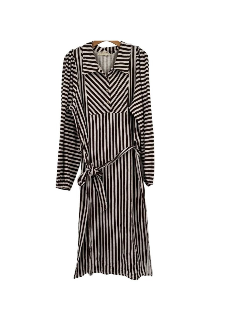 Jen’s Pirate Booty Brown striped cotton knit maxi dress belted size large new